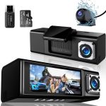 Aucar 3 Channel Dash Cam Front and Rear Inside 1080P Full HD Dash Camera for Cars with 64GB SD Card, Car Camera with IR Night Vision Loop Recording G-Sensor Parking Monitor 24 Hours
